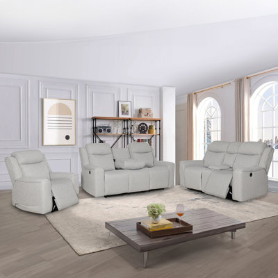 Contemporary 3-Piece Upholstered Living Room Set With A Recliner Chair, Dropdown Console Sofa And Loveseat With Storage Console And Cup Holders, White