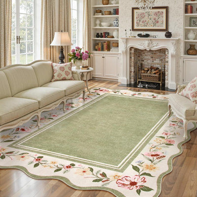  Floral Scalloped Rug Vintage Boho Washable Area Rug Soft Bedroom Rugs Non-Slip Throw Carpet