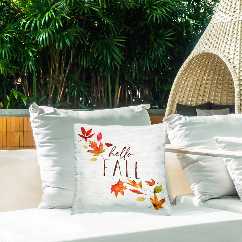 Coussin d'extérieur Hello Fall Autumnal Tree Leaves Seasonal Sentiment par Nina Pierce