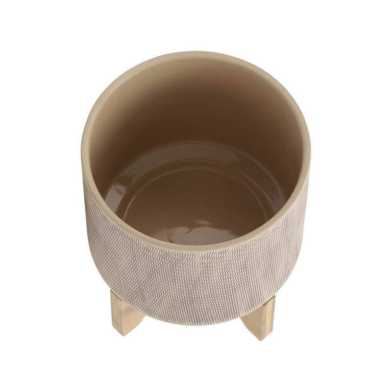 Set of 2 Beige Ceramic Planters with Wooden Stands