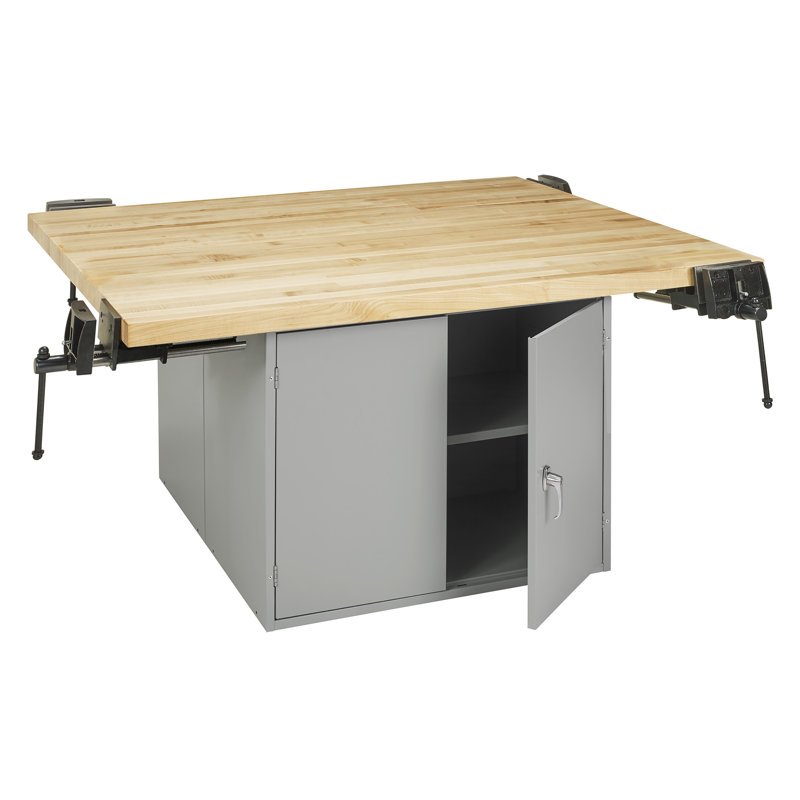 64'' W Wood Top Workbench, 33.25" H x 64" W x 54" D, Grey/Natural
