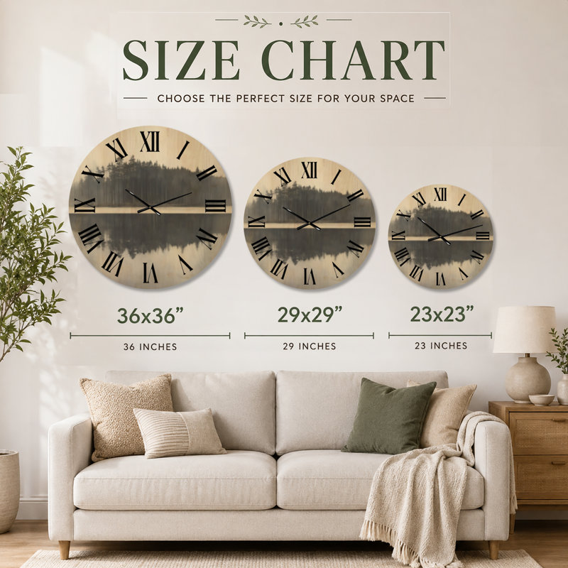 Silent Forest Reflection - Black Rustic Solid Wood Wall Clock, Medium