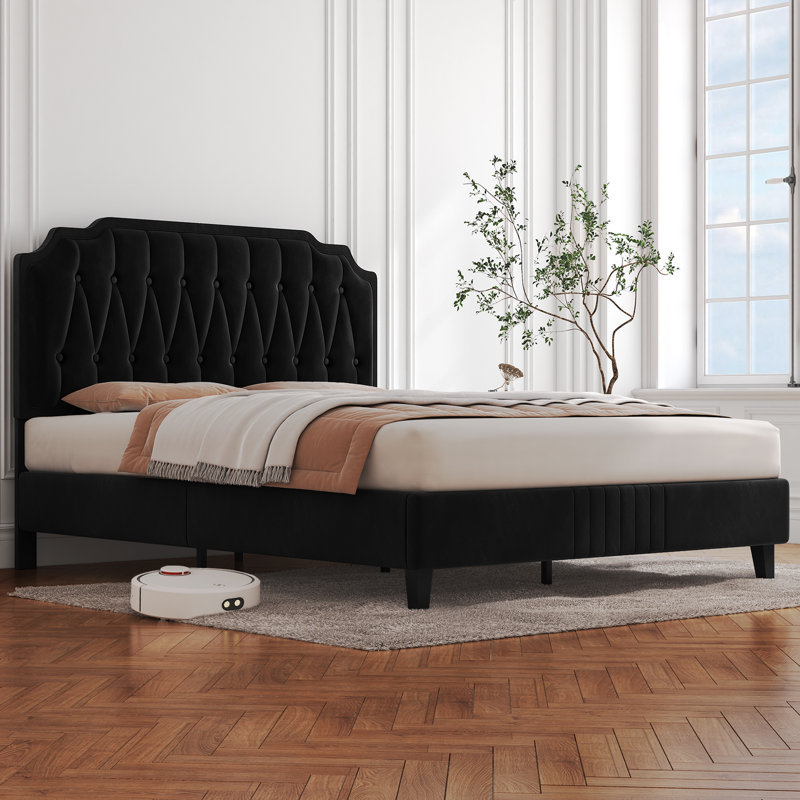 Upholstered Bed Frame with with Diamond Button-Tufted Headboard, Black, Kingsize (5')