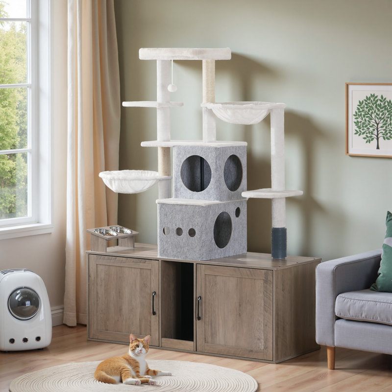 47.2" Cat Tree with Dual Litter Box Enclosure, Double litter box enclosure furniture,  hidden litter box, Cat tower with litter box enclosure