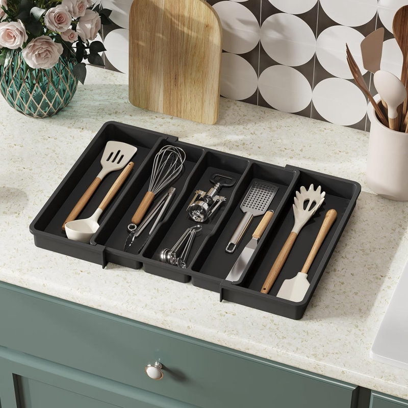 Rangement d'ustensiles pour tiroirs de cuisine, plateau extensible pour ustensiles de cuisine, Noir