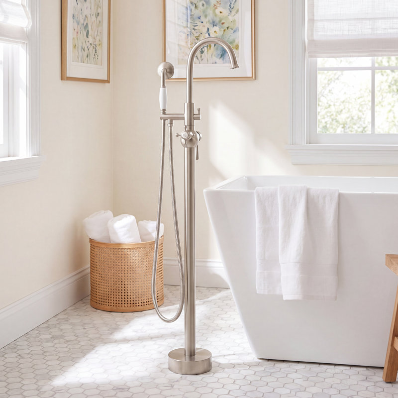 Loeb Double Handle Floor Mounted Tub Filler with Handshower, Brushed Nickel