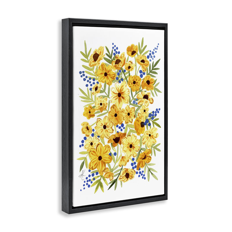 Toile flottante encadrée "Cosmos & Berries" jaune par Alexandria Gilbert Kincaid, Cadre flottant noir de jais