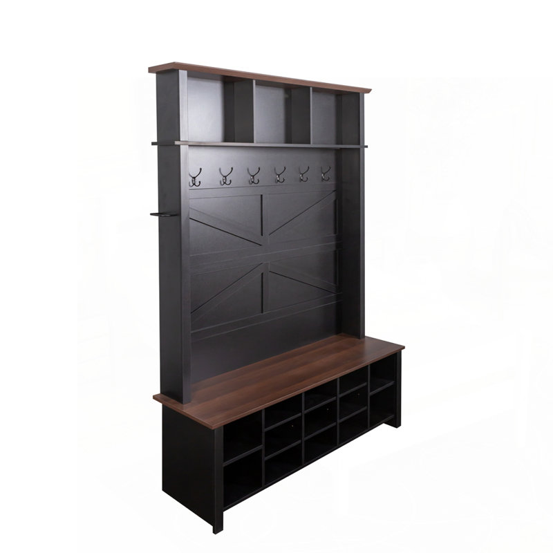 4-in-1 Hall Tree with 6 Hooks with Adjustable Shelves, Black