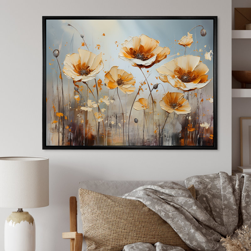«Yellow and Grey Poppies Spatula», reproduction d'art sur toile, Cadre flottant noir, H 12 po x l 20 po x P 1 po