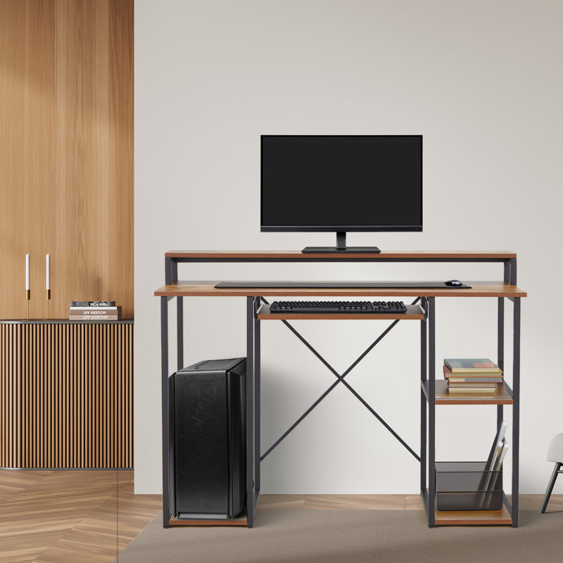 17 Stories Computer Desk with Monitor Shelf for At-Home Office Space, Brown/Black