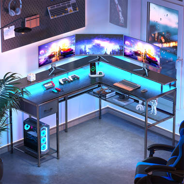 L Shaped Gaming Desk with Led Lights & Power Outlet, Corner