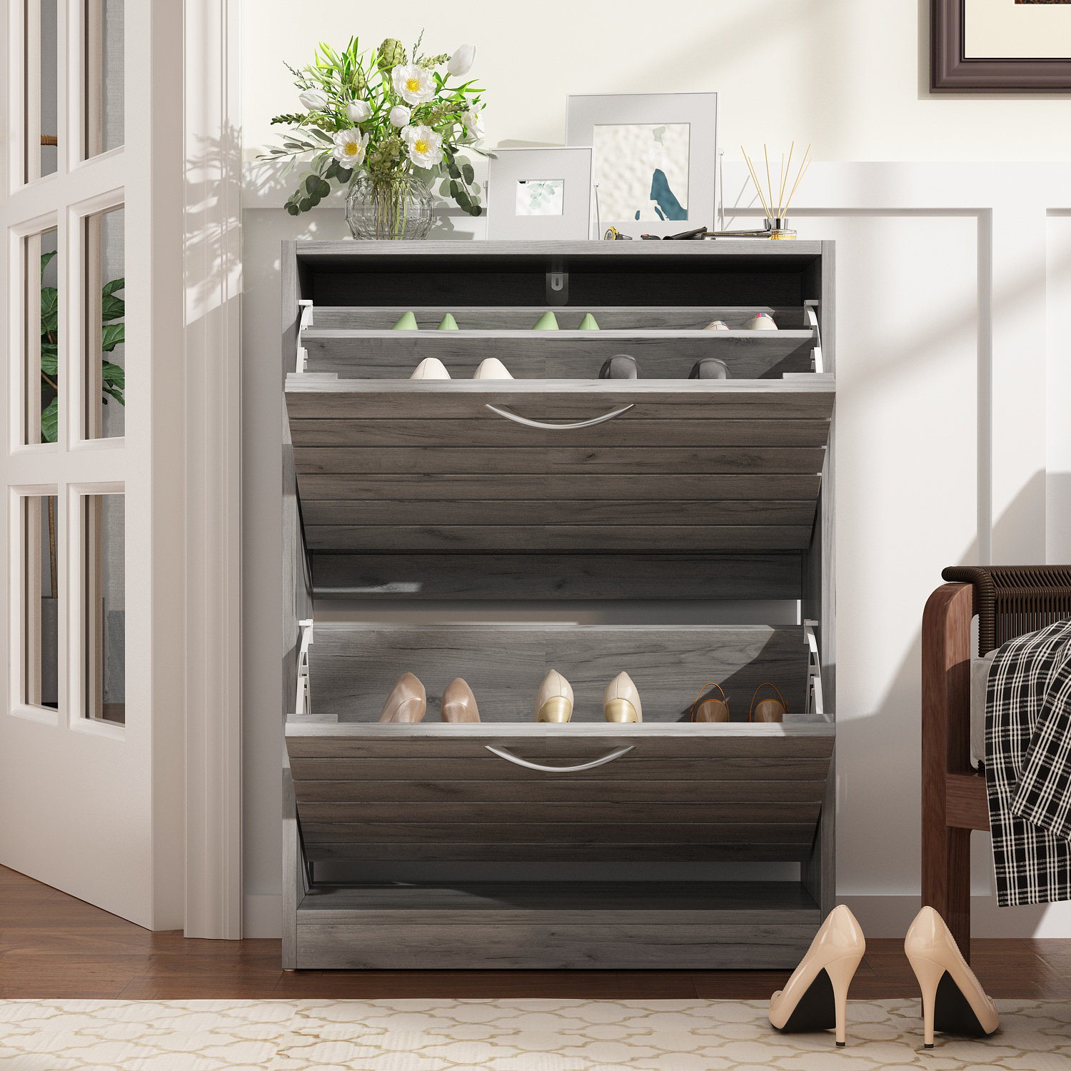 Lauren White Shoe Cabinet with Side Hooks, 24 Pair Freestanding Shoe Rack  Storage Organizer for Hallway Closet Entryway