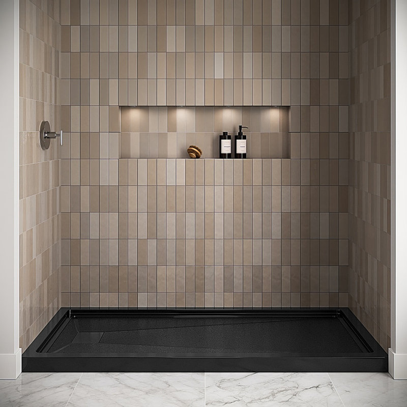 72 po x 36 po Base de douche en alcôve en acrylique noir brillant avec drain à gauche, drain inclus, Noir lustré