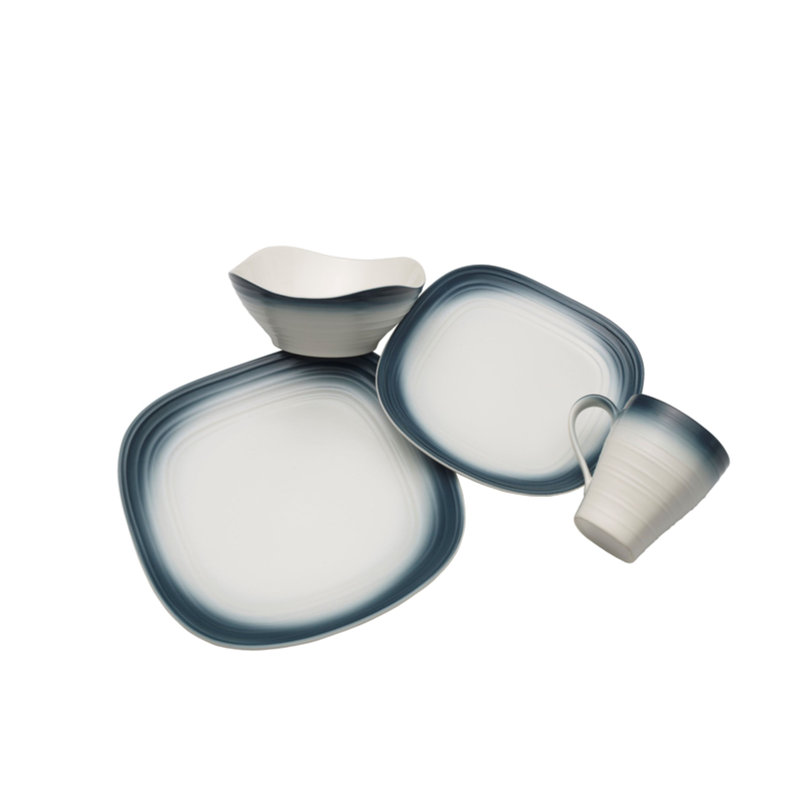Mikasa Swirl Square 16 Piece Dinnerware Set, Service for 4, Ombre Blue