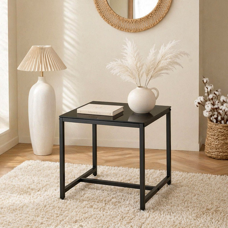 Table de chevet en verre, table d'appoint, petite table de thé, table de bout avec pieds en métal, Noir