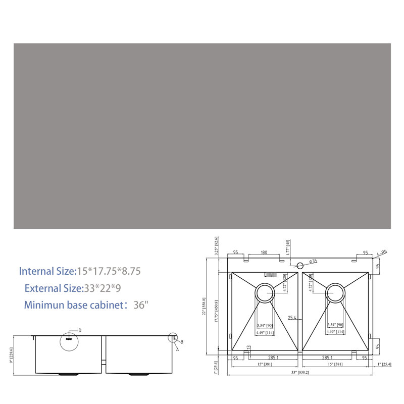 Évier de cuisine à double cuve en acier inoxydable de calibre 18 - acier inoxydable noir 33 po x 22 po, structure stable en acier 33 x 22, cuve fonctionnelle