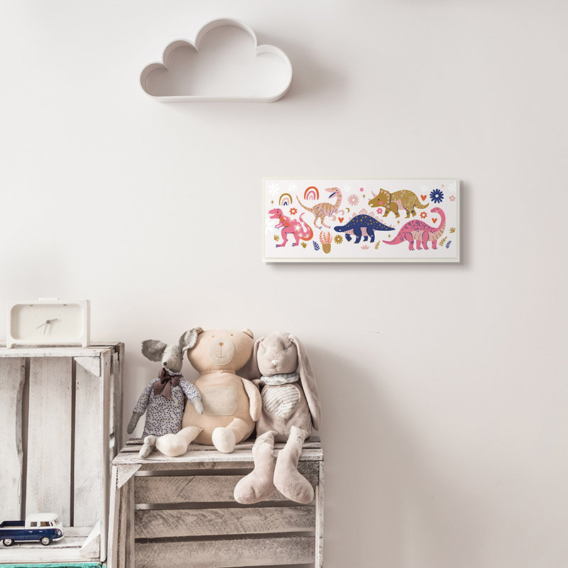 Joyeux dinosaures fantaisistes avec des fleurs arc-en-ciel, H 7 po x l 17 po x P 0,5 po, Plaque murale