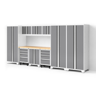 Bold XL Series Platinum 10 Piece Garage Cabinets Set With Tool, Base, Wall Cabinets, Bamboo Worktop And 30 In. Lockers
