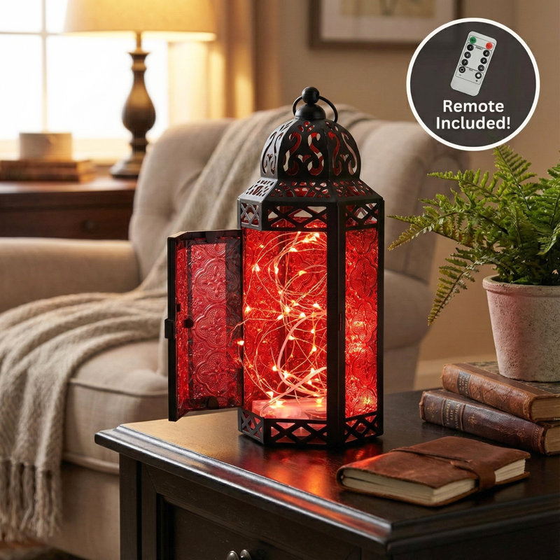 Decorative Moroccan Candle Lantern with LED Fairy Lights, Black/Red, 10" H x 4.4" W x 3.8" D