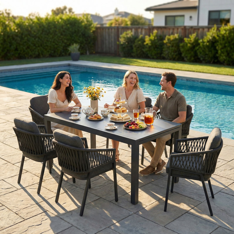7 Piece Aluminum Outdoor Patio Dining Table Set With Extendable Table And Cushions, 6