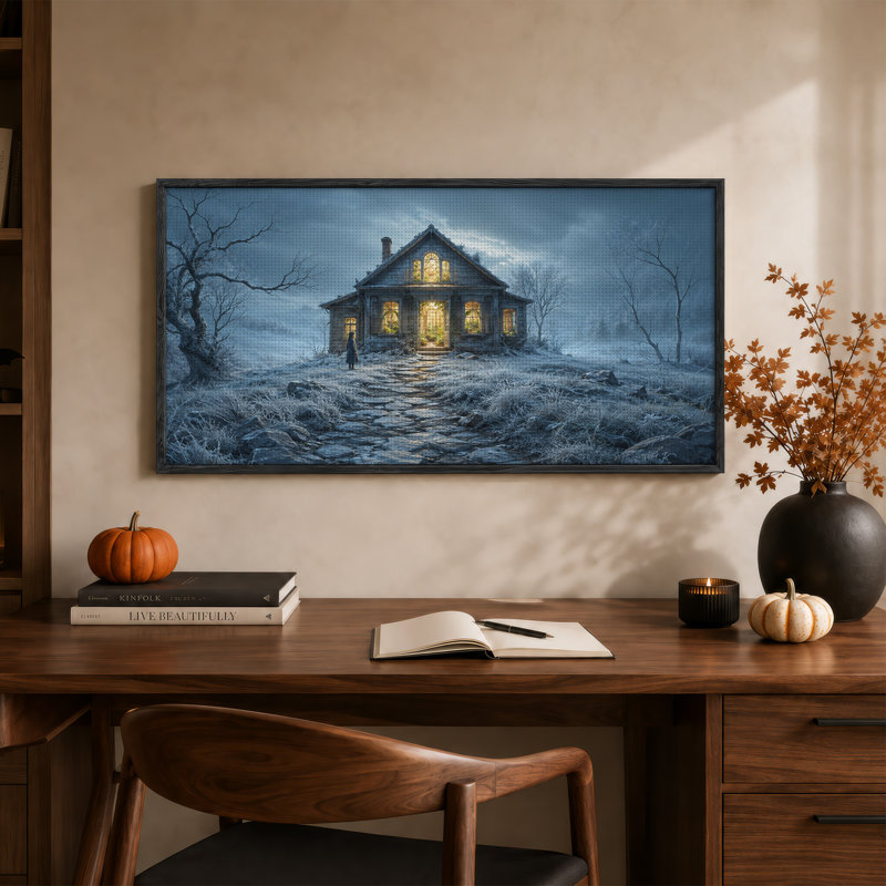 Maison rustique aux fenêtres illuminées dans une toile murale d'Halloween givrée, 40“W x 20”H