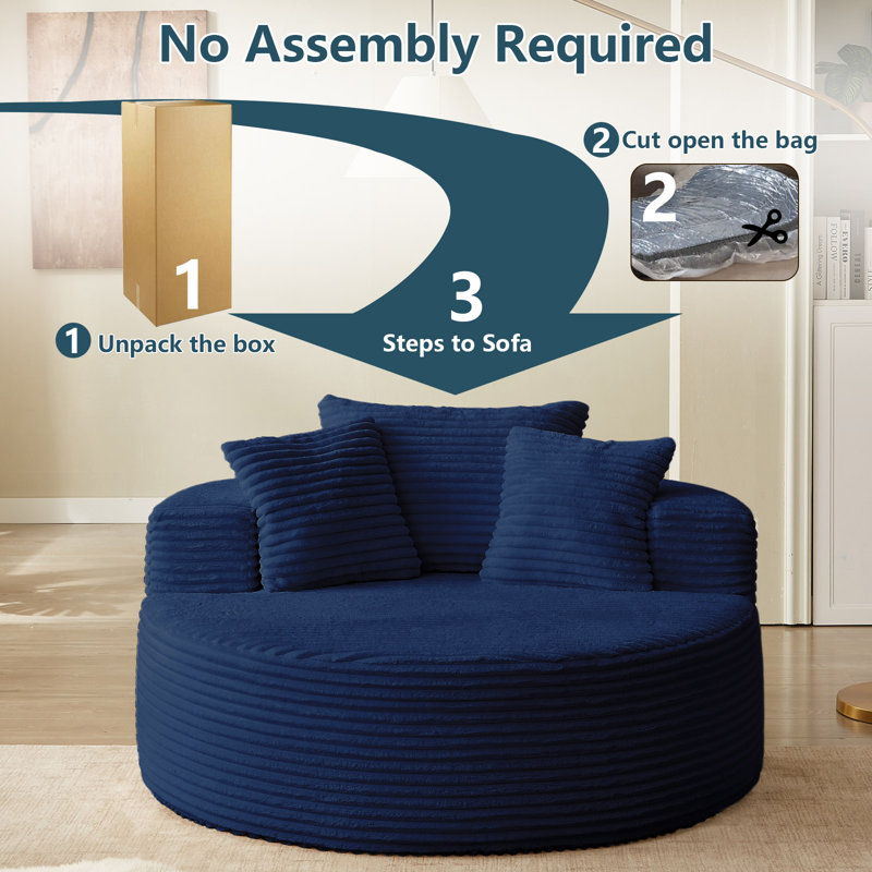 Oversized Round Chaise Lounge Chair,Corduroy Cloud Large Circle Sofa Chair, No Assembly Required, Modern Sleeper Cloud Sofa Couch Bed for Living Room Bedroom Apartment (Black)
