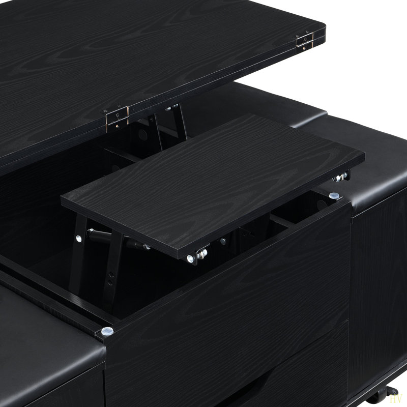 Table basse multifonctionnelle à plateau relevable avec rangement caché et tabourets, table centrale moderne multifonctionnelle avec 4 tabourets et roulettes, pour les espaces de vie modernes