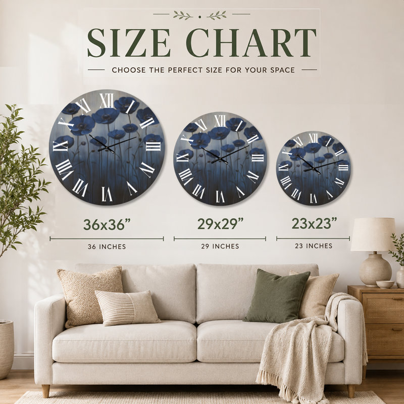 Horloge murale florale « Prairie de coquelicots indigo », impression sur bois, Extra Large