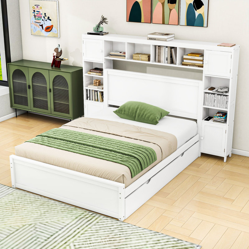 Lit plateforme en bois avec prises intégrées et amplement de rangement, Blanc, Grand lit