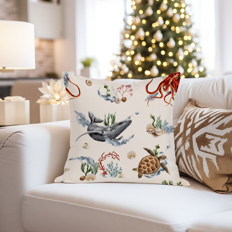Animals Whale Coastal Pattern I Nautical Throw Pillow Cover, Square 18"