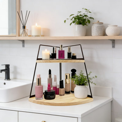 Organisateur de comptoir de salle de bain à 2 niveaux, plateau de meuble-lavabo en bois avec rampe en métal, porte-cosmétiques et bijoux peu encombrant pour la salle de bain, la chambre à coucher et le bureau