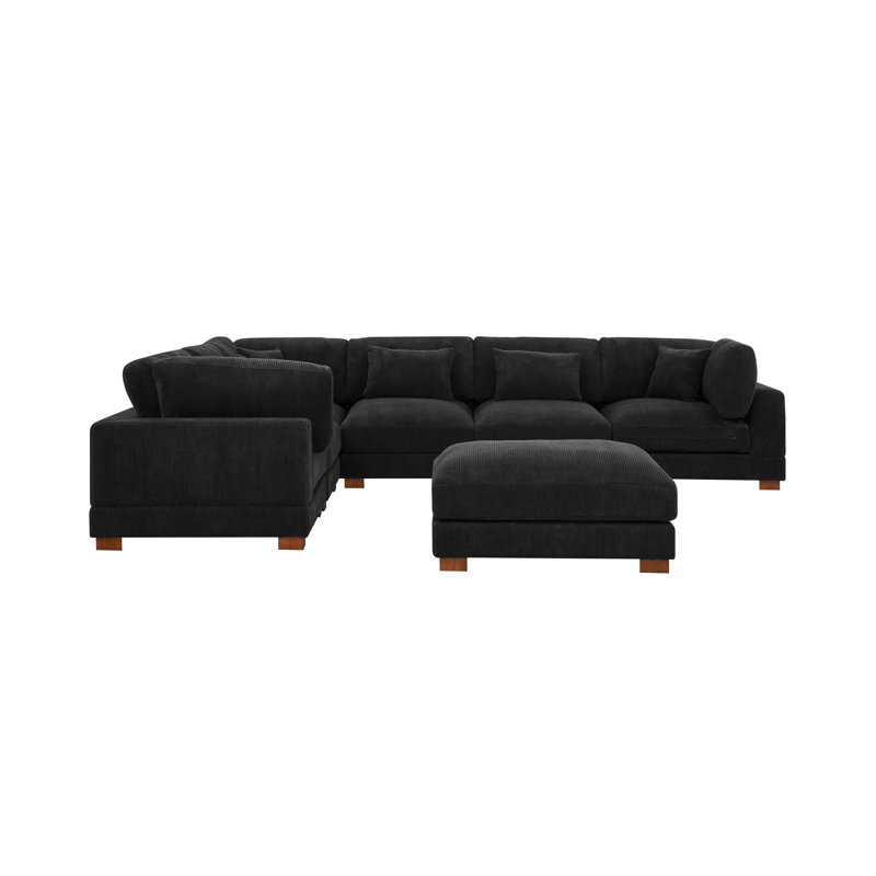 Canapé modulaire réversible de coin avec repose-pieds Arliz, Velours côtelé noir