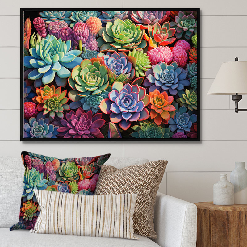 Plantes succulentes colorées, abondance de plantes grasses, H 12 po x l 20 po x P 1 po, Cadre flottant noir