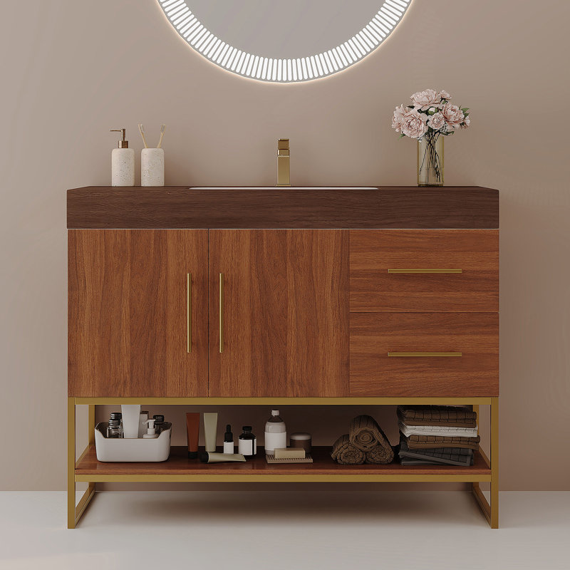Meuble-lavabo de salle de bain avec lavabo, armoire autoportante avec tablette de rangement et tiroir, Noyer
