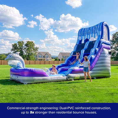 HeroKiddo Dolphin 16 ft. Commercial Grade Inflatable Water Slide with Detachable Pool for Kids, Blower Included