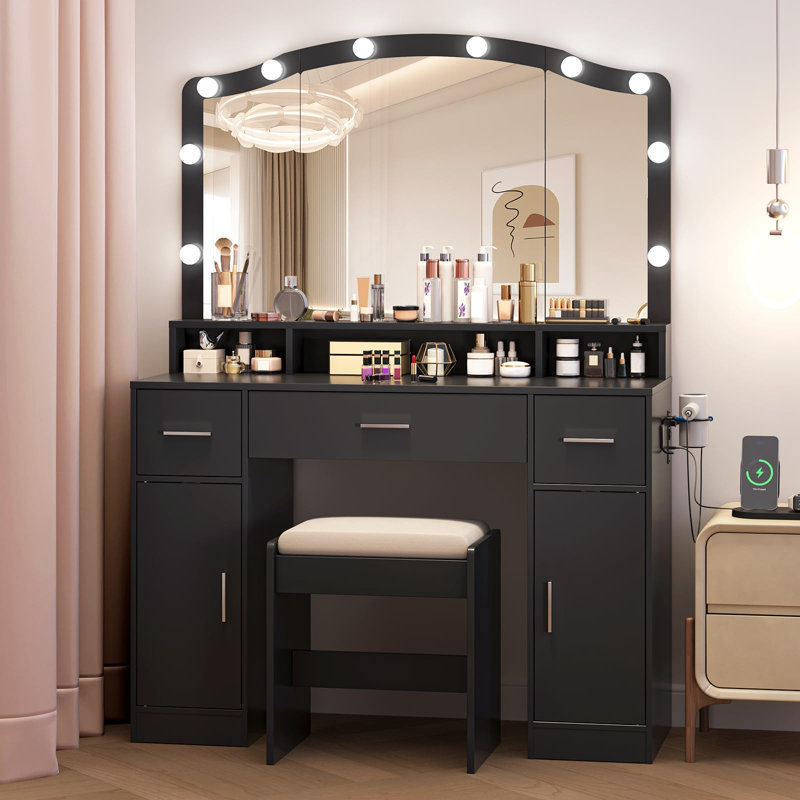 Makeup Vanity Desk with Mirror and Lights, Makeup Vanity Set with 3 Drawers, 2 Cabinets & Stool, Make Up Table with Power Outlet, for Bedroom, Dressing Room (Black)