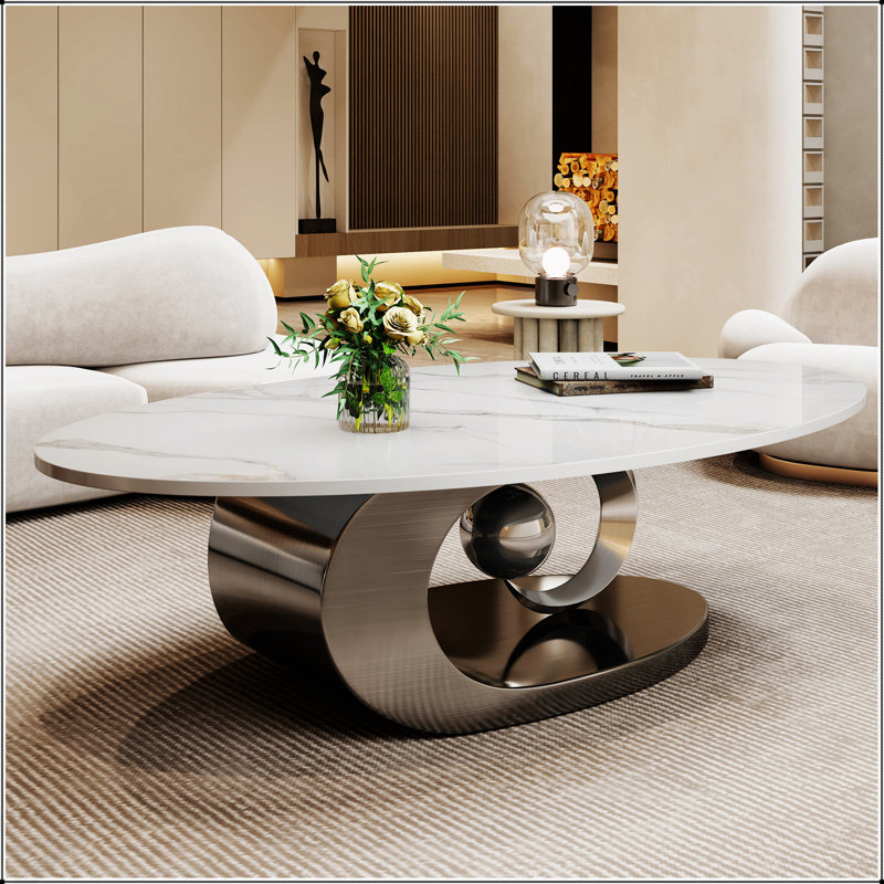 Table basse sculpturale en acier inoxydable à base de marbre, durable et élégante pour les salons modernes, Gris