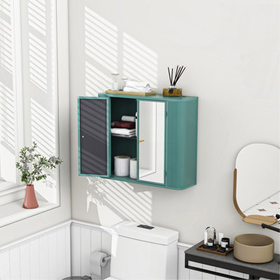 Armoire de salle de bain murale armée verte avec miroir, 2 portes en miroir et tablette ouverte, armoire de rangement en métal de style campagnard avec compartiment ouvert pour meuble-lavabo, toilette et évier