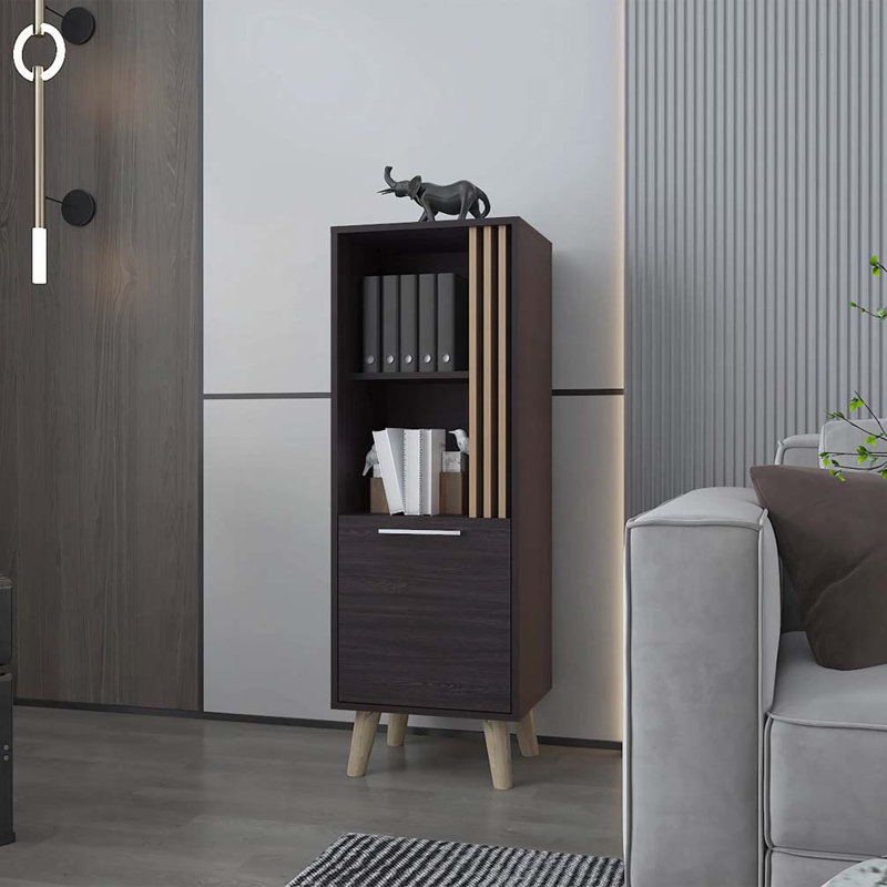 Wengue and Natural Oak Storage Cabinet with a Door and Open Storage