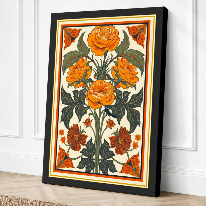 Roses in Manuscript Gold Botanical - Wrapped Canvas, 30x20 - 76.2 x 50.8 cm, Black Border