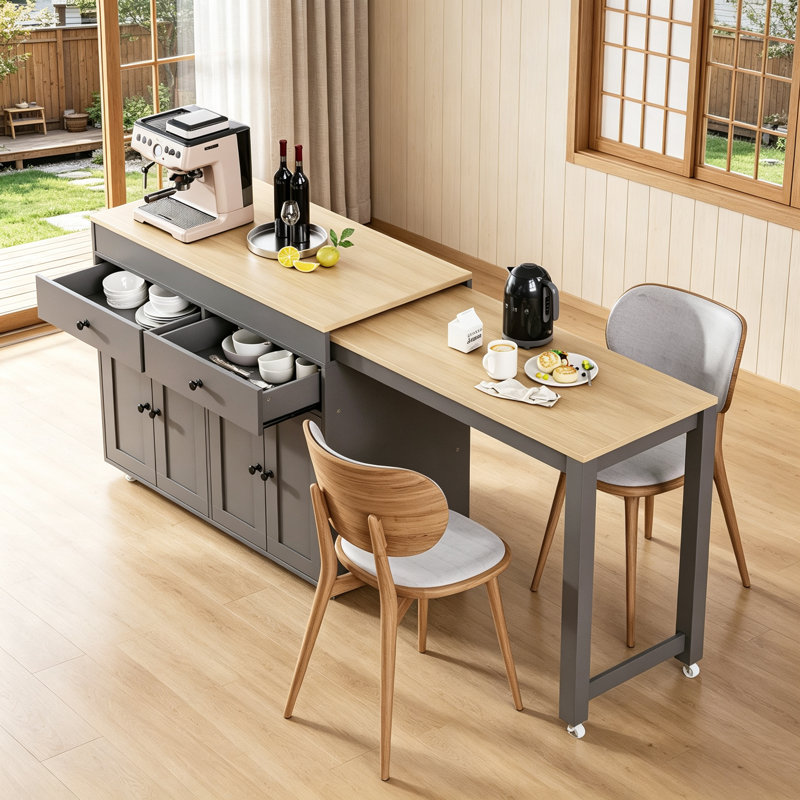 Extendable Kitchen Island with Dining Table, Rolling on Wheels, Ample Storage, Grey, for Versatile Use and Space Efficiency