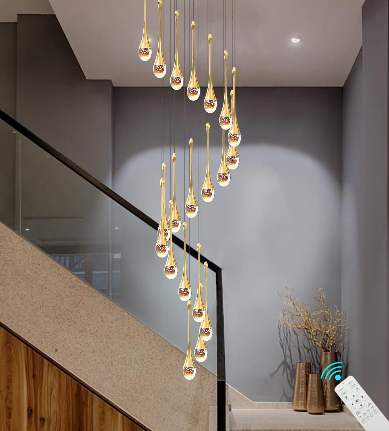 Ivy Bronx 20-Lights Gold Bubble Raindrop Crystal Pendant Dimmable ...