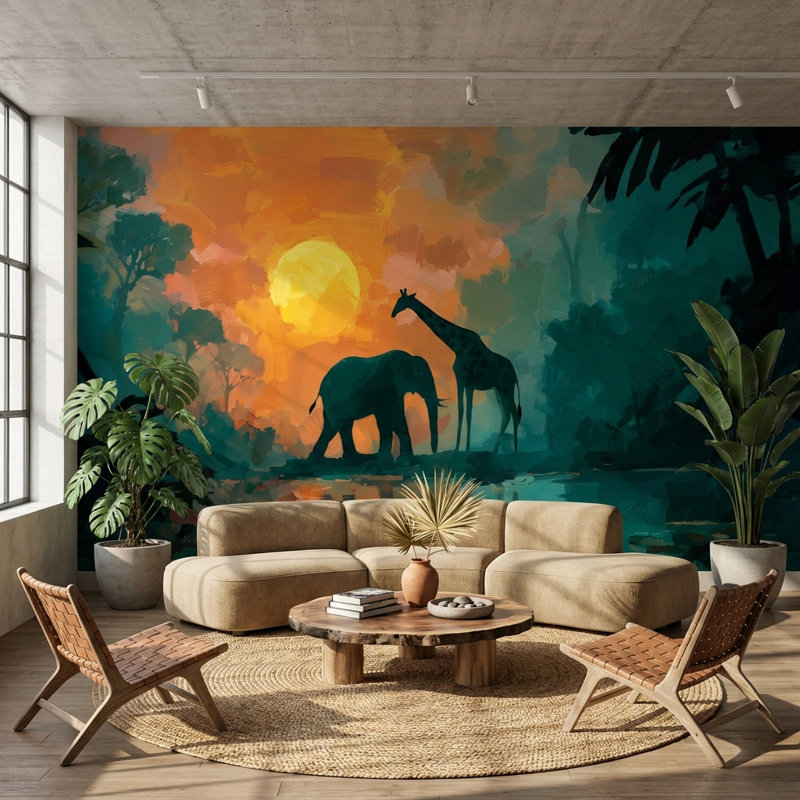Décoration murale éléphant Girafe, 140 po x 108 po, Peler et coller