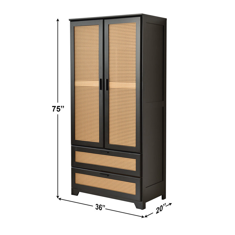 Armoire en rotin massif avec 2 tiroirs, Noir