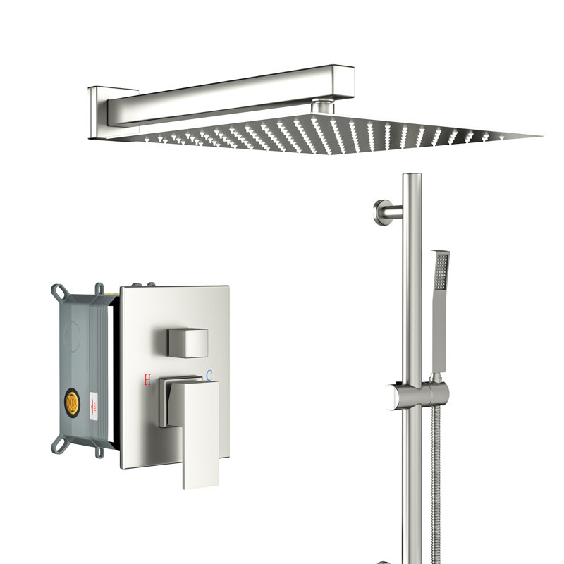 Douche murale en nickel brossé carré de 12 pouces - Barre coulissante réglable, soupape équilibrée et système de composants portatifs