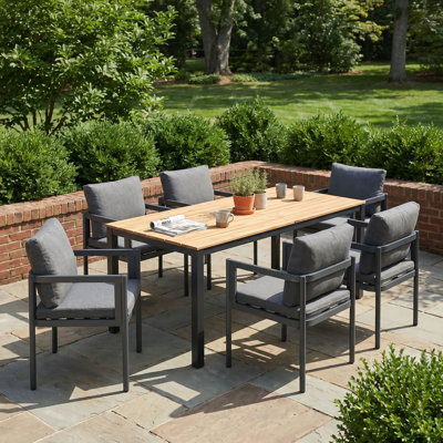 7-Piece Outdoor Dining Set, Acacia Wood Table & 6 Grey Aluminum Chairs with Grey Cushions, Patio Dining Furniture