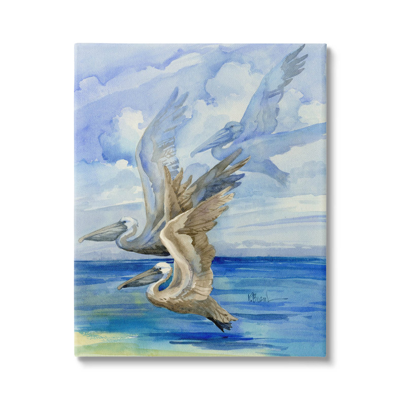 «Pelicans Trio over Ocean Shore» par Paul Brent - peinture sur toile tendue, H 40 po x l 30 po x P 1,5 po