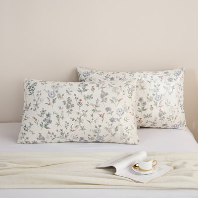 Standard Size Pillowcases Set of 2, 100% Cotton Pillow Cases, Beige Botanical Floral Vintage Pillow Covers, Soft Breathable Envelope Closure Pillow Case Set (Standard, 20"x26")
