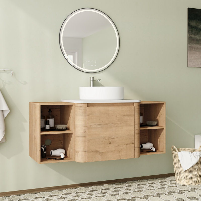 48'' Wall-Mounted Floating Bathroom Vanity with Quartz Top and Soft-Close Doors & Storage Shelves, White