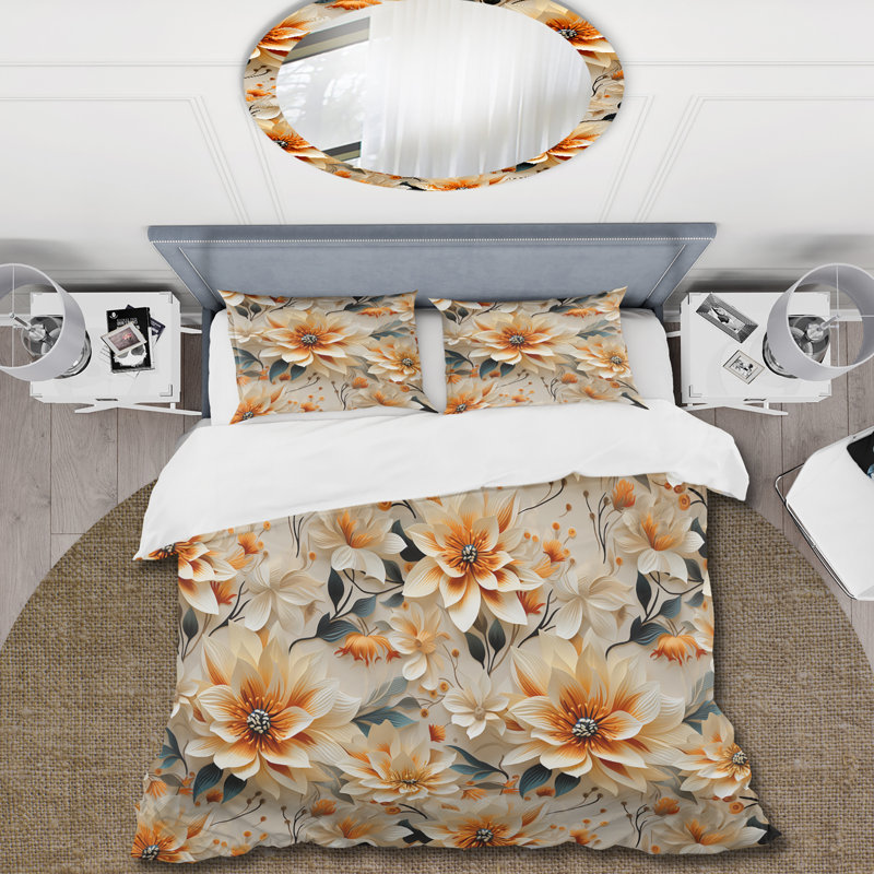 Ensemble de housse de couette à motif floral orange et beige, Housse de couette simple + 1 taie décorative stan